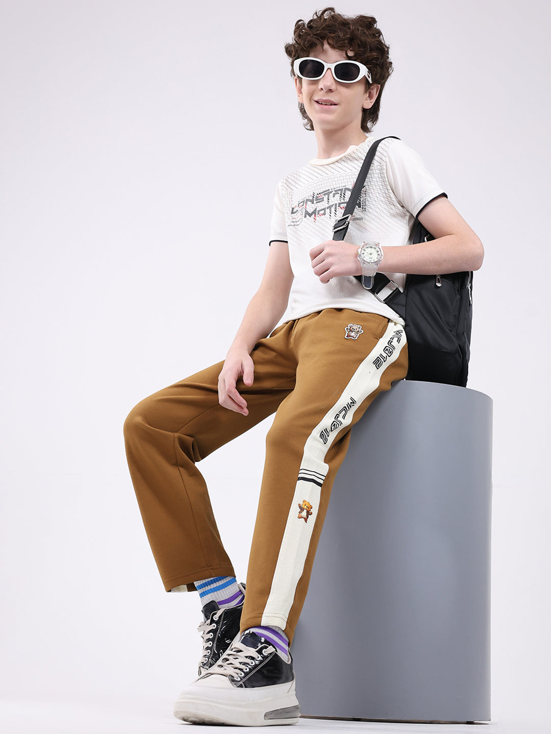 Boys Camel Brown Printed Regular Fit Lower