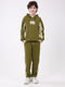 Boys Green Self Design Hooded Full Sleeve Cords Set