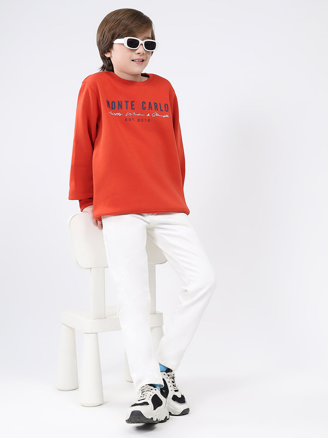 Boys Rust Printed Round Neck Full Sleeve Sweatshirt