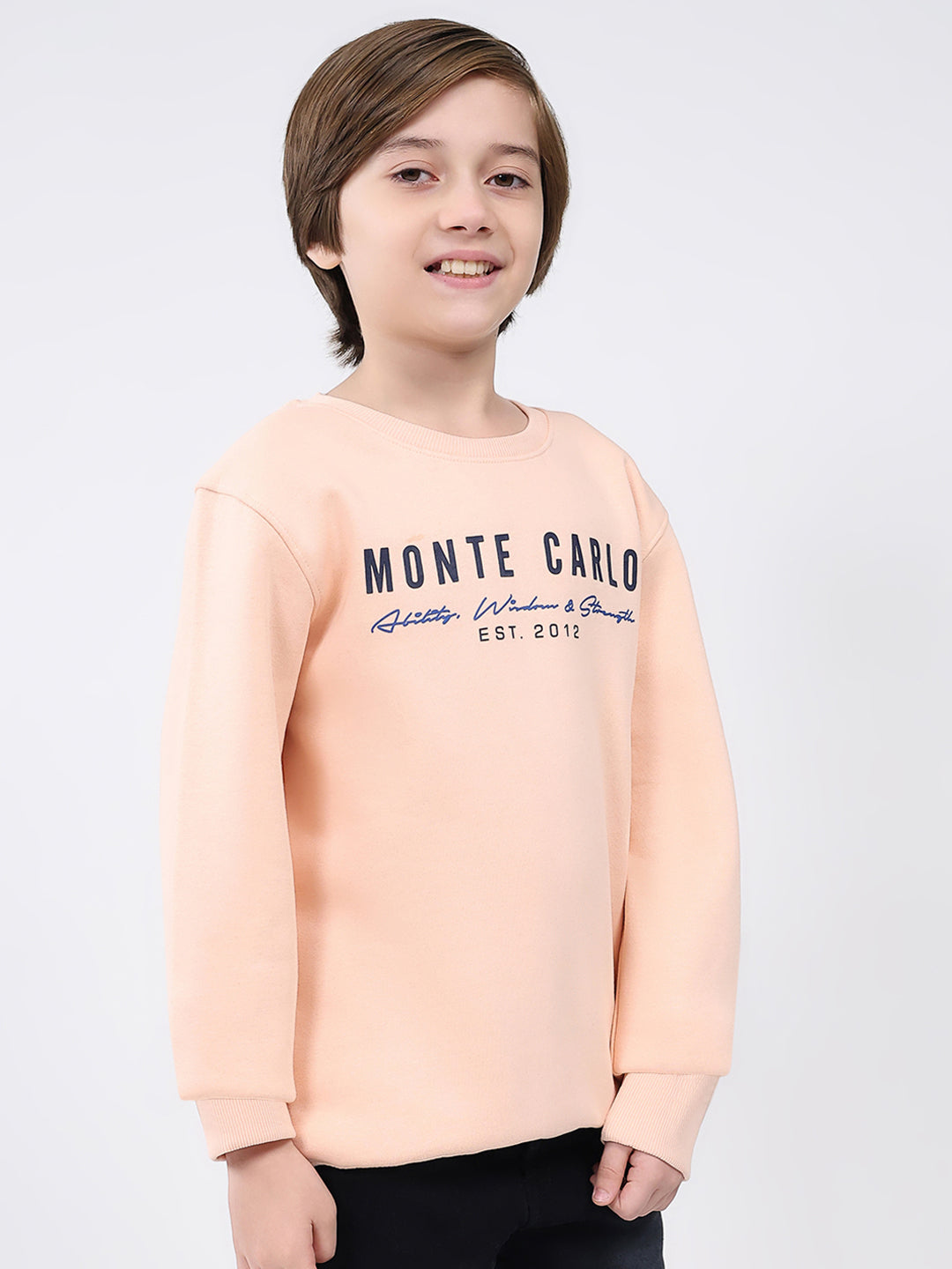 Boys Peach Printed Round Neck Full Sleeve Sweatshirt