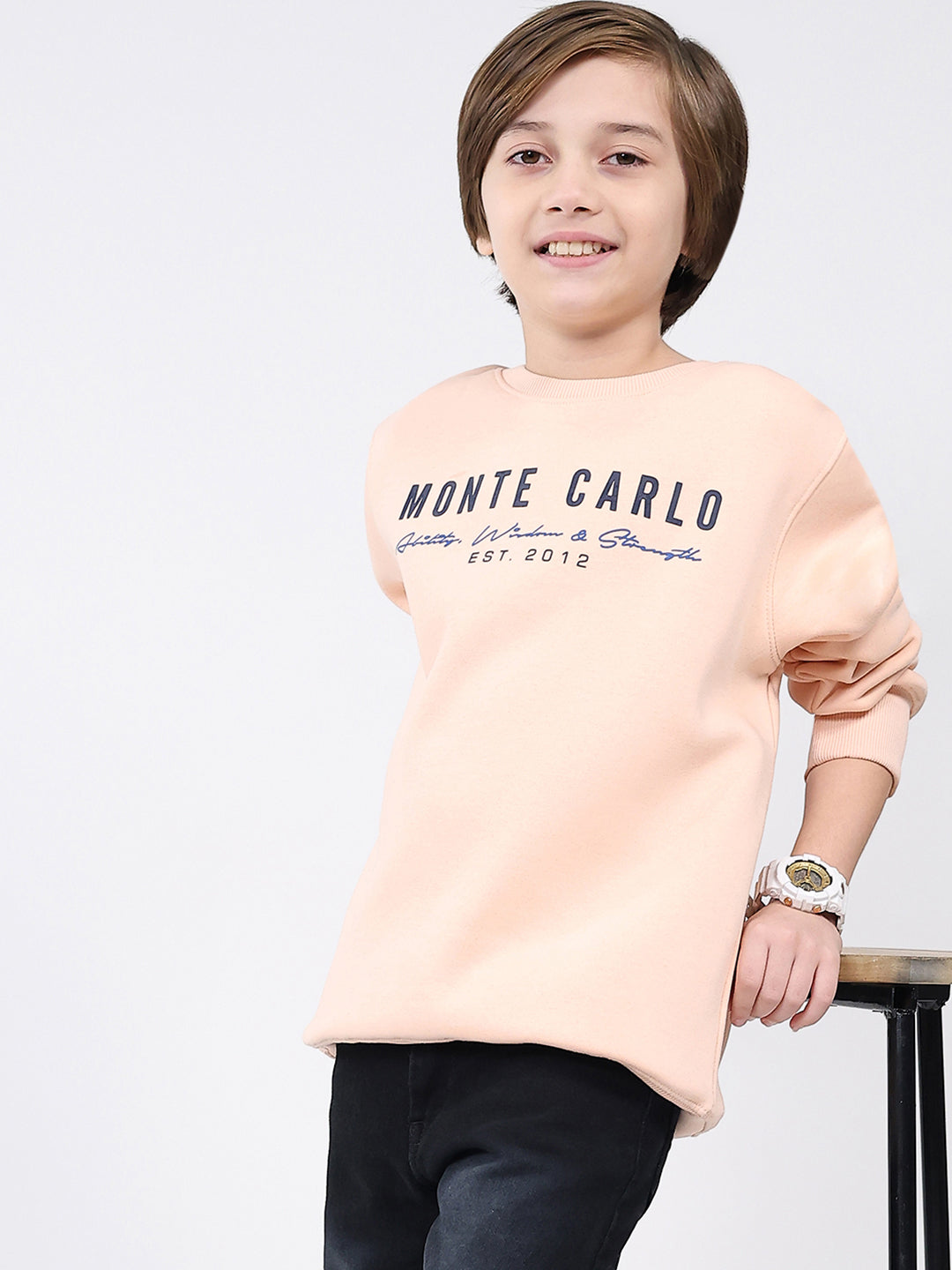 Boys Peach Printed Round Neck Full Sleeve Sweatshirt