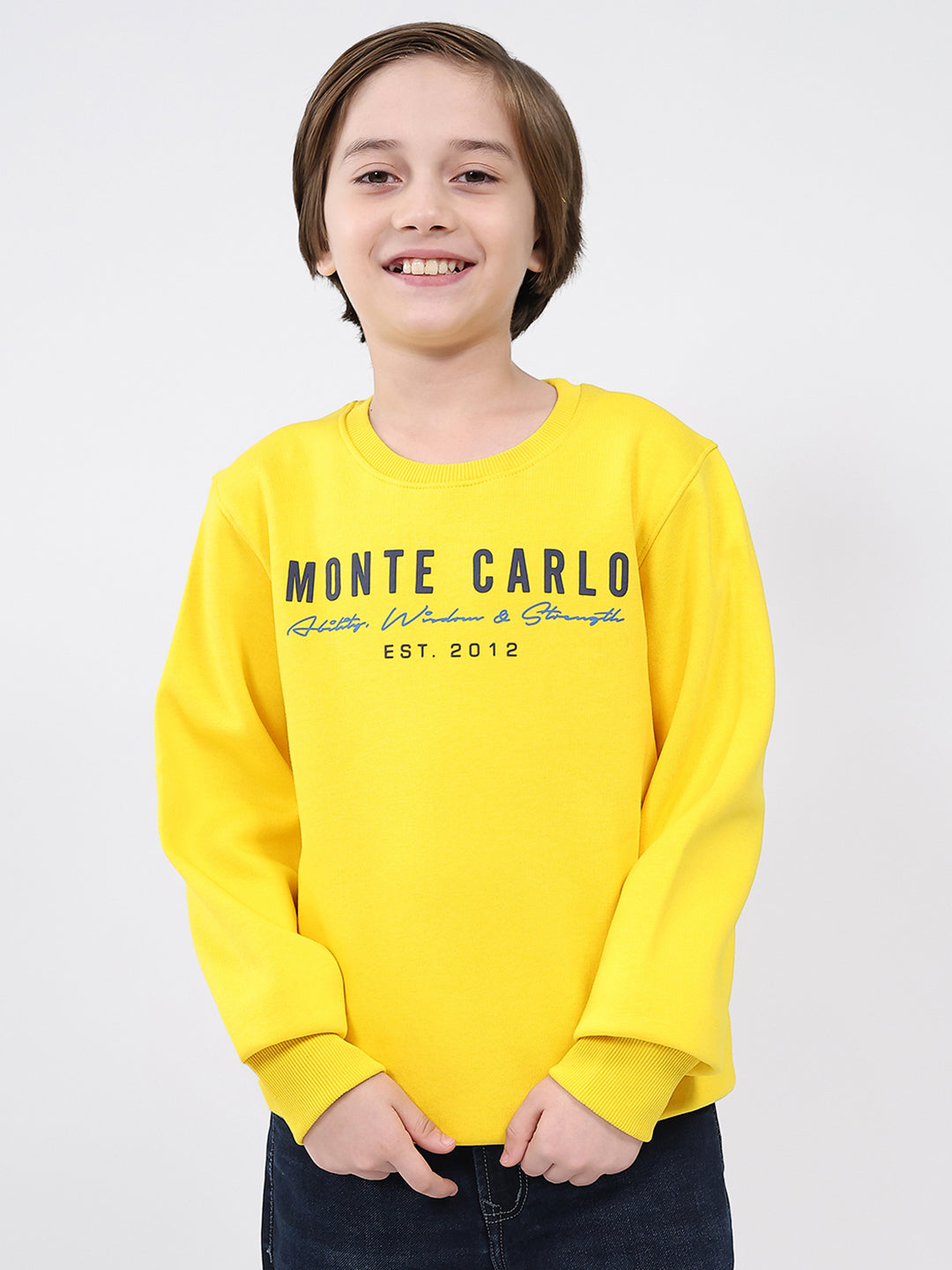 Boys Yellow Printed Round Neck Full Sleeve Sweatshirt