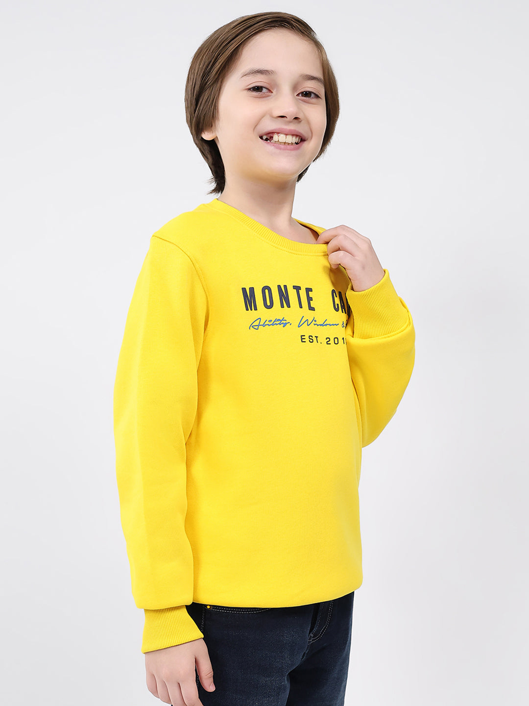 Boys Yellow Printed Round Neck Full Sleeve Sweatshirt