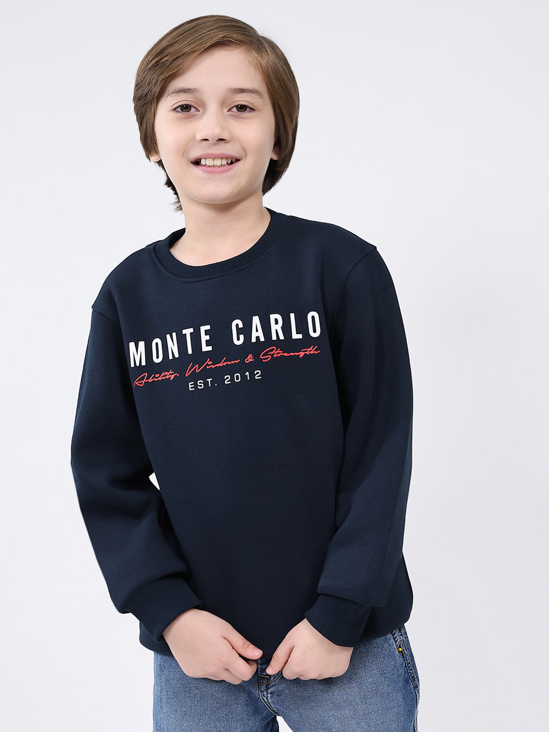 Boys Navy Blue Printed Round Neck Full Sleeve Sweatshirt