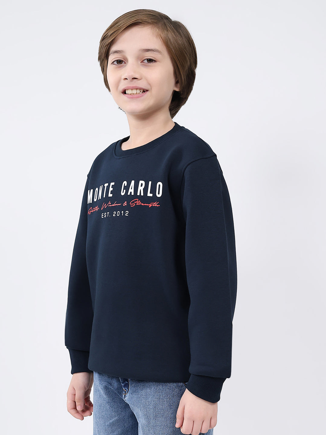 Boys Navy Blue Printed Round Neck Full Sleeve Sweatshirt