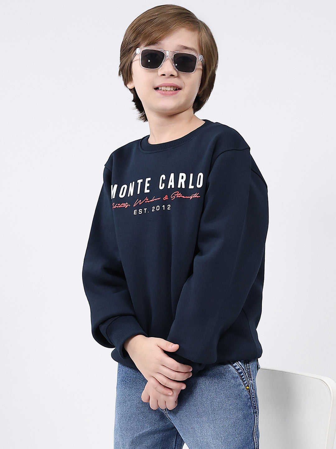 Boys Navy Blue Printed Round Neck Full Sleeve Sweatshirt