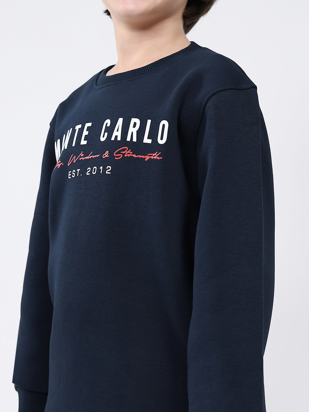 Boys Navy Blue Printed Round Neck Full Sleeve Sweatshirt