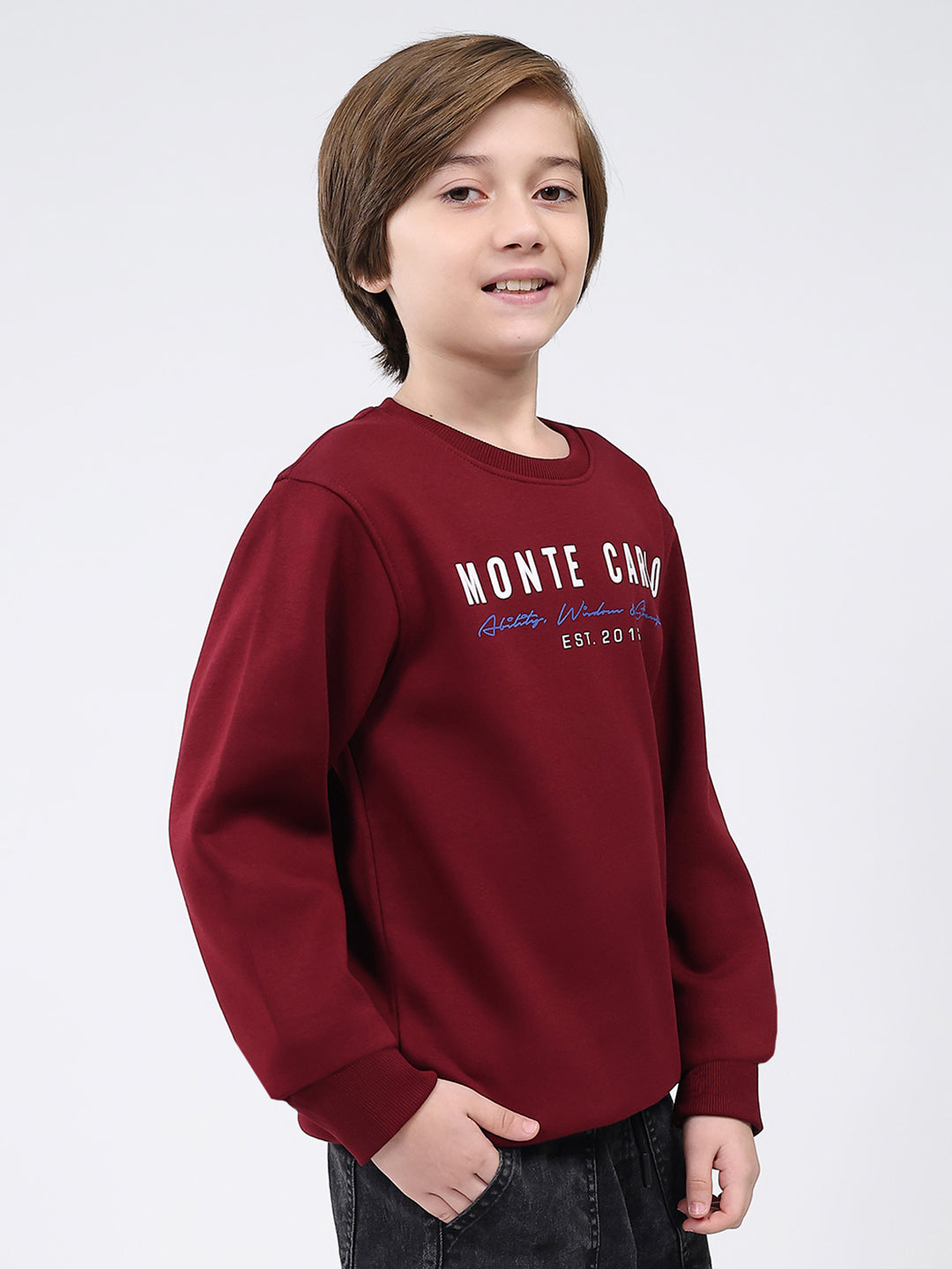 Boys Maroon Printed Round Neck Full Sleeve Sweatshirt