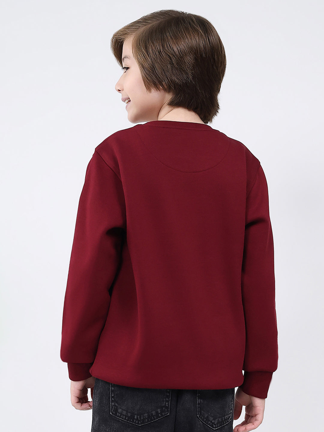 Boys Maroon Printed Round Neck Full Sleeve Sweatshirt