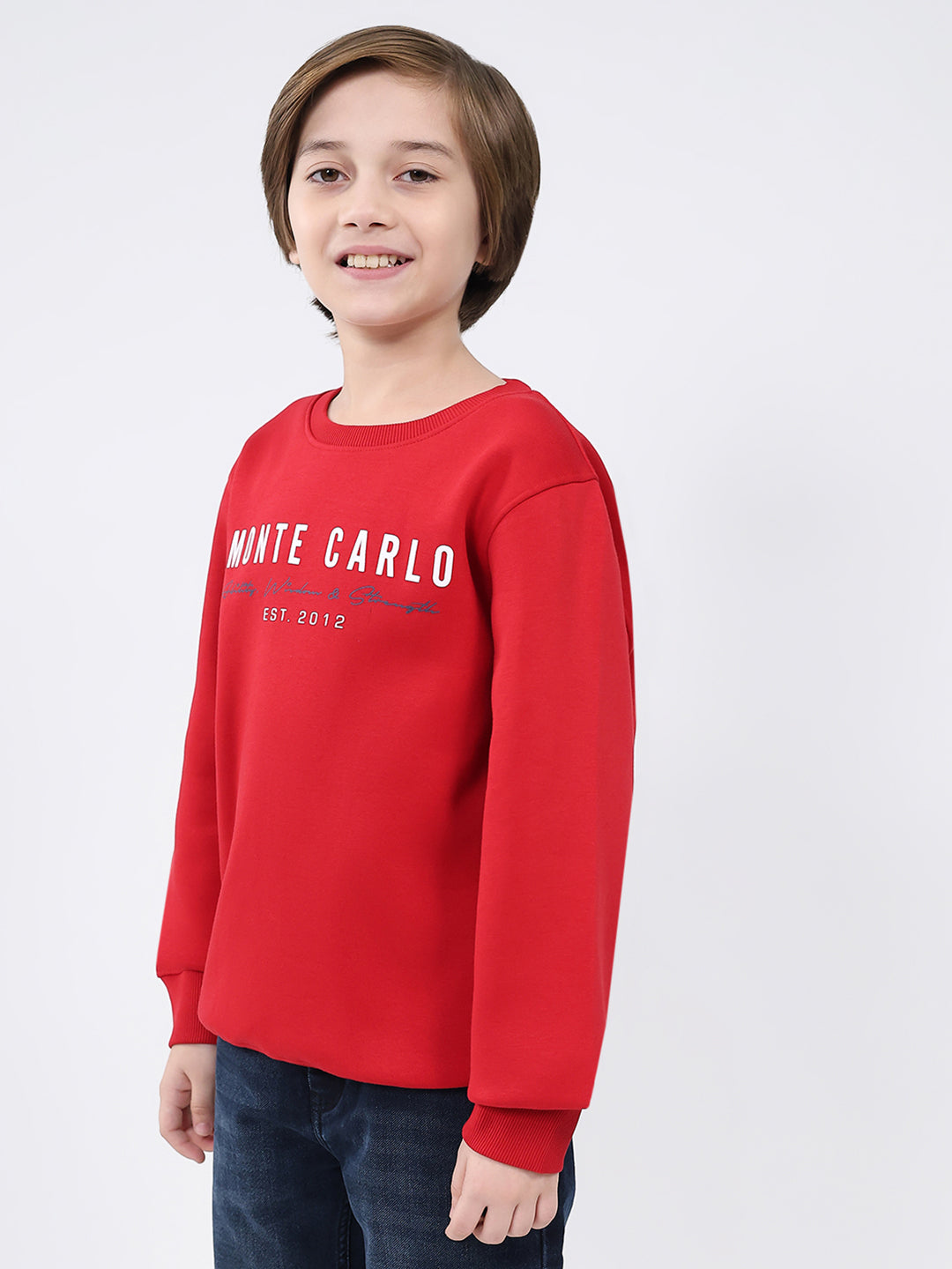 Boys Red Printed Round Neck Full Sleeve Sweatshirt