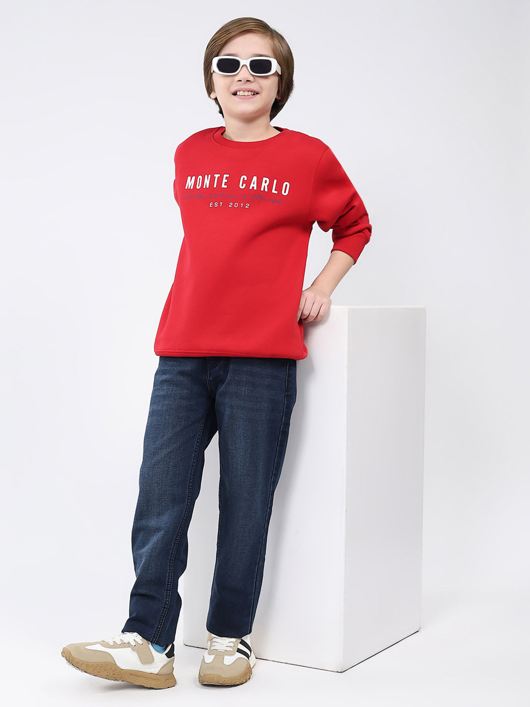 Boys Red Printed Round Neck Full Sleeve Sweatshirt
