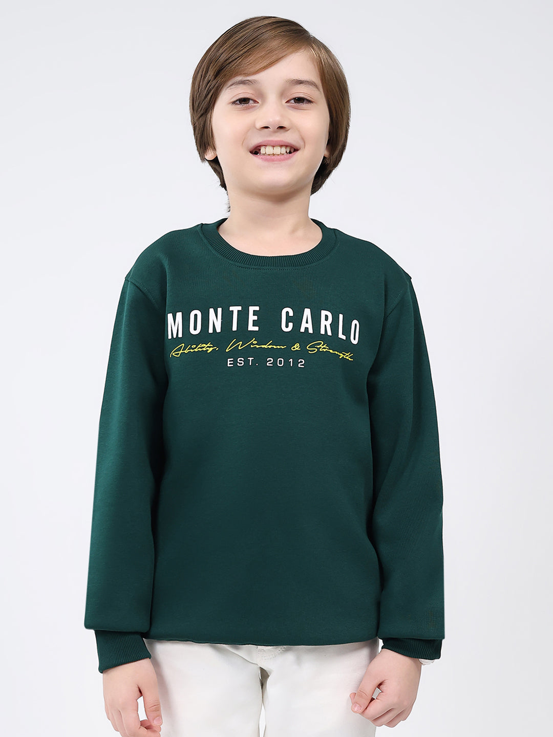Boys Bottle Green Printed Round Neck Full Sleeve Sweatshirt