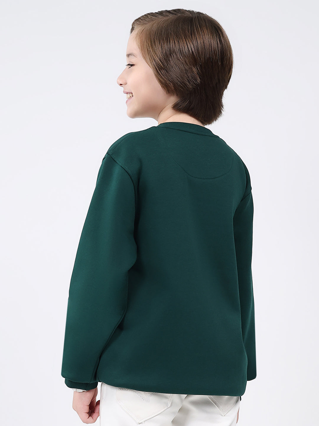 Boys Bottle Green Printed Round Neck Full Sleeve Sweatshirt