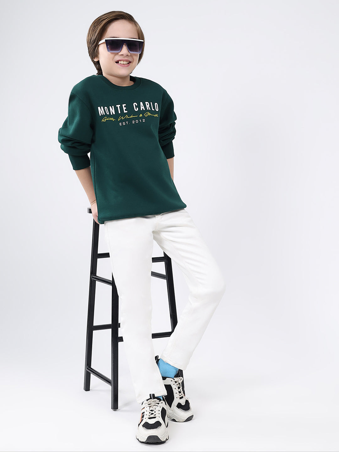 Boys Bottle Green Printed Round Neck Full Sleeve Sweatshirt