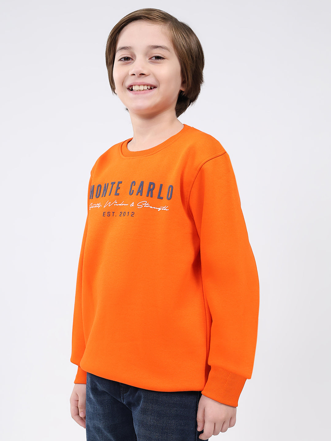 Boys Orange Printed Round Neck Full Sleeve Sweatshirt