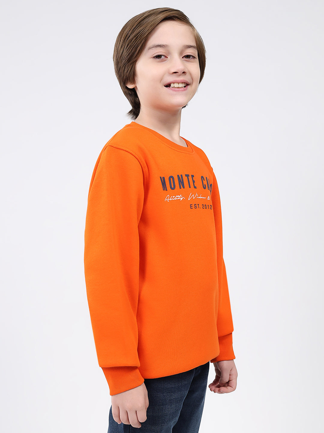 Boys Orange Printed Round Neck Full Sleeve Sweatshirt