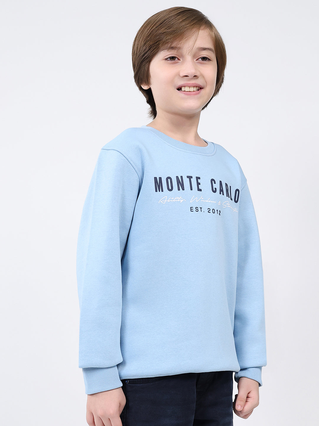 Boys Sky Blue Printed Round Neck Full Sleeve Sweatshirt