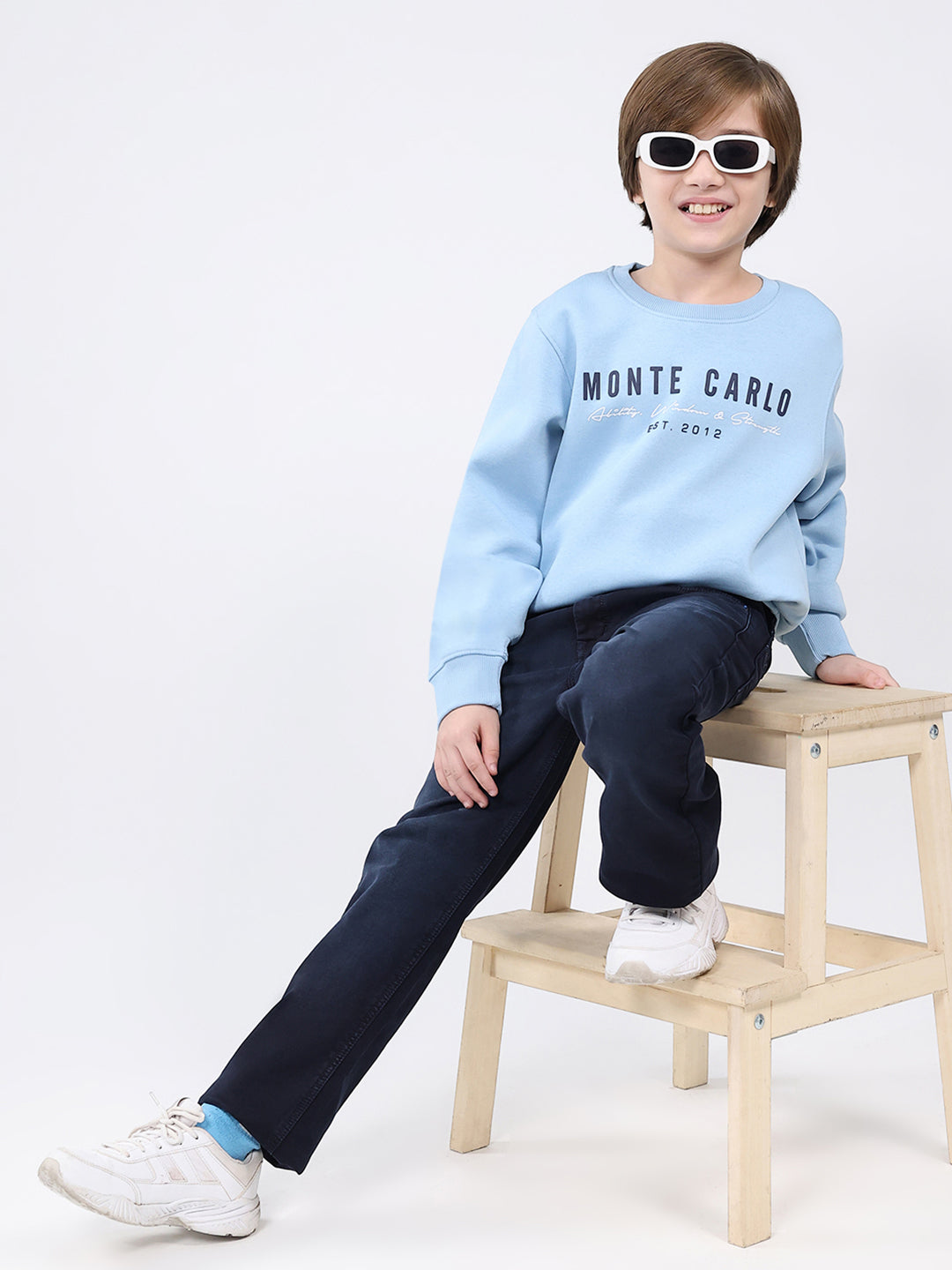 Boys Sky Blue Printed Round Neck Full Sleeve Sweatshirt