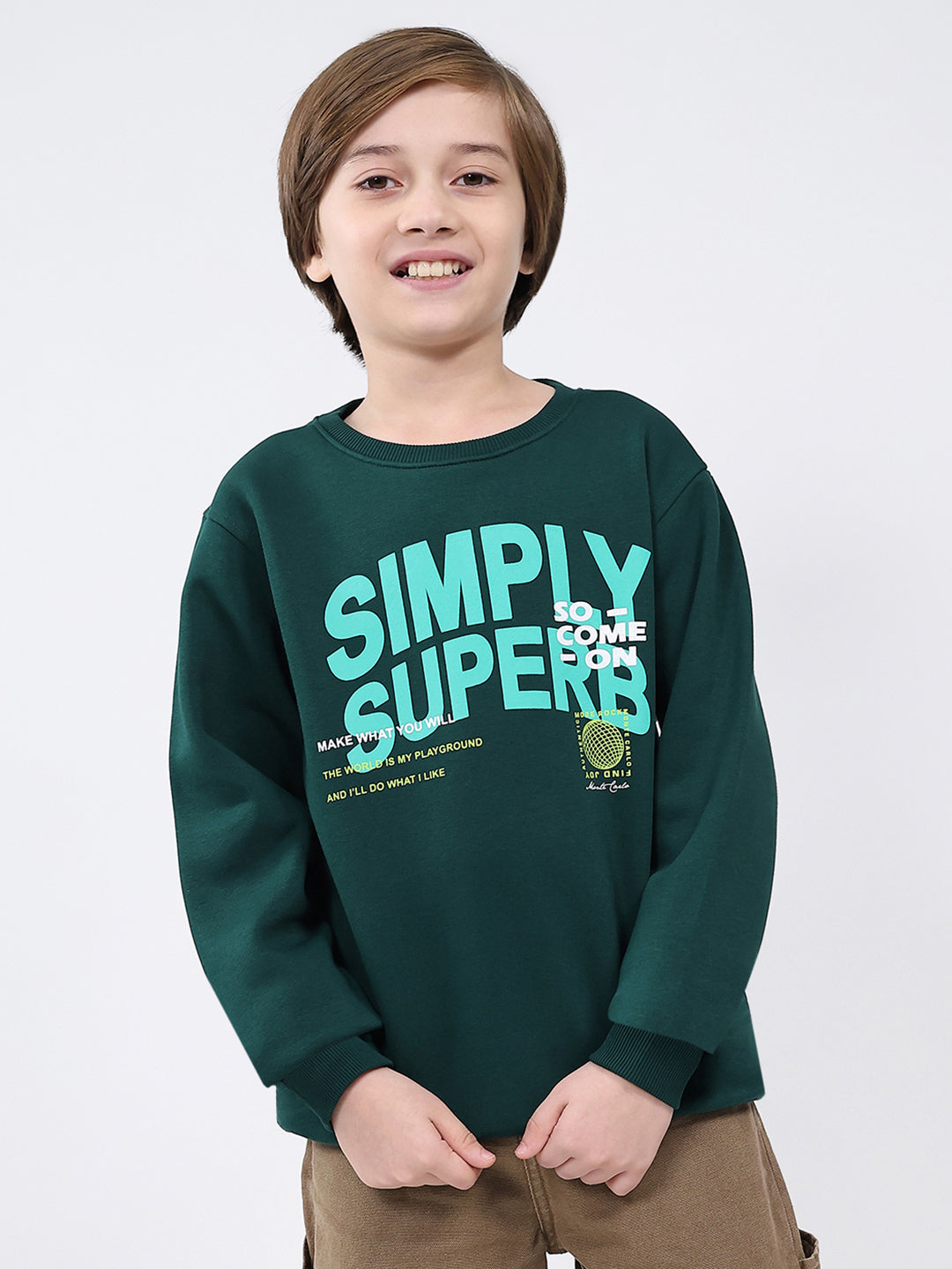 Boys Dark Green Printed Round Neck Full Sleeve Sweatshirt