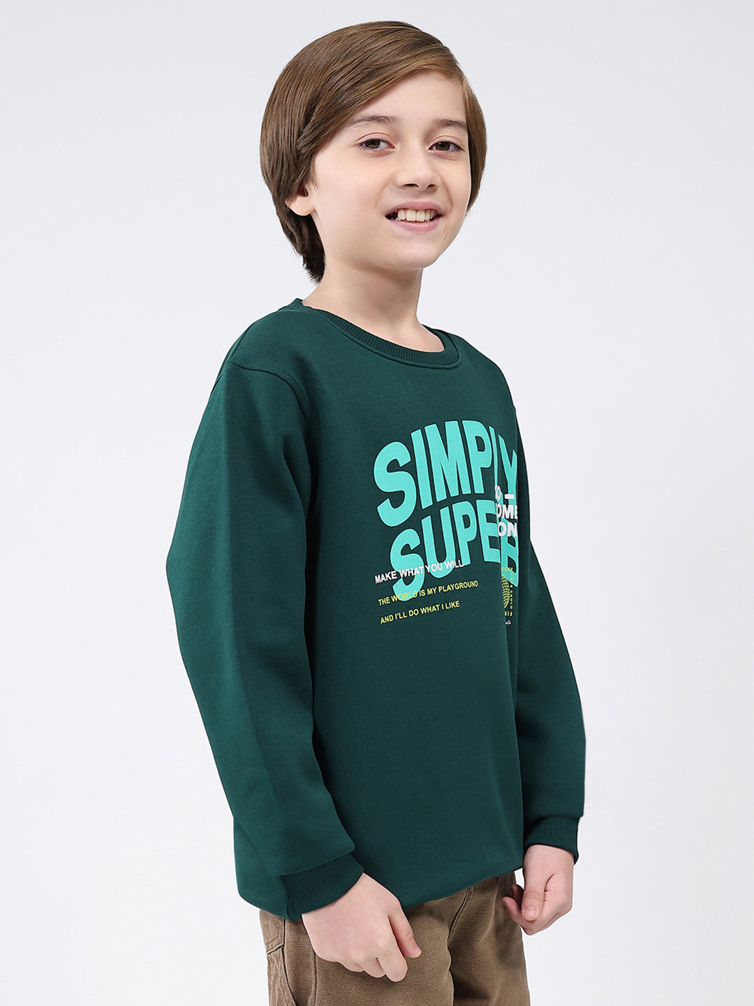 Boys Dark Green Printed Round Neck Full Sleeve Sweatshirt