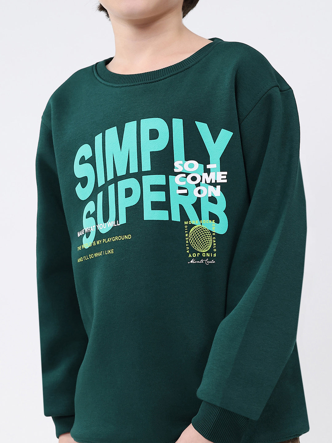 Boys Dark Green Printed Round Neck Full Sleeve Sweatshirt