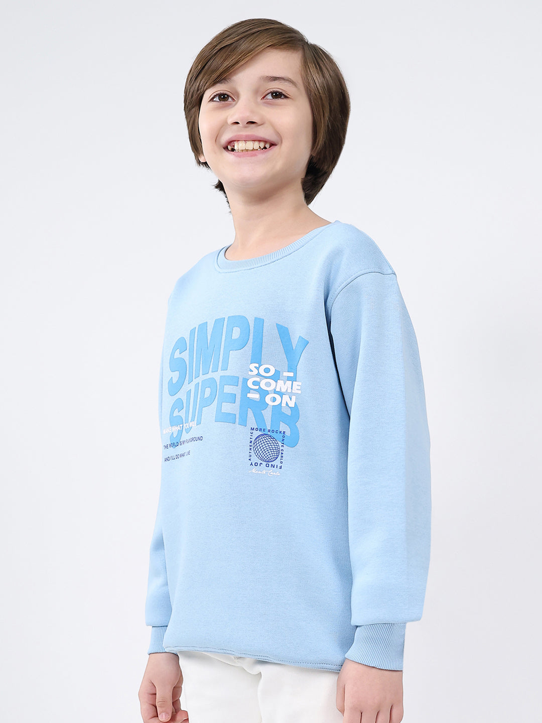 Boys Sky Blue Printed Round Neck Full Sleeve Sweatshirt