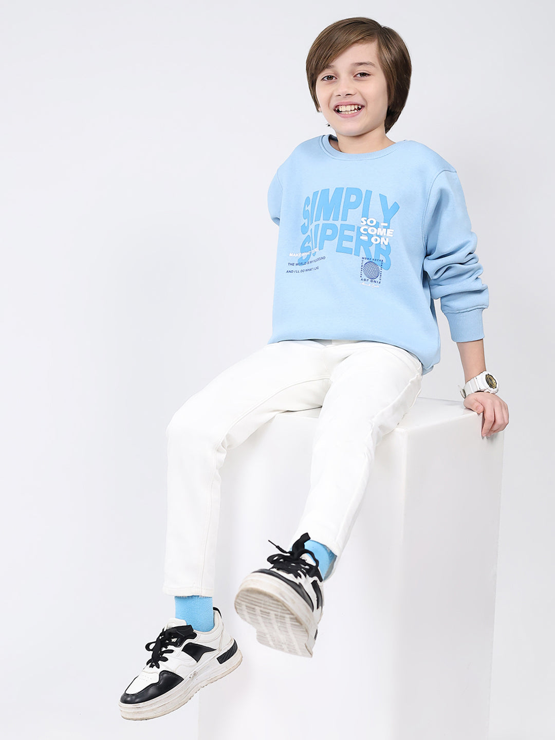 Boys Sky Blue Printed Round Neck Full Sleeve Sweatshirt