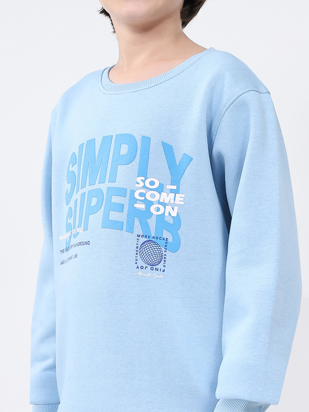 Boys Sky Blue Printed Round Neck Full Sleeve Sweatshirt