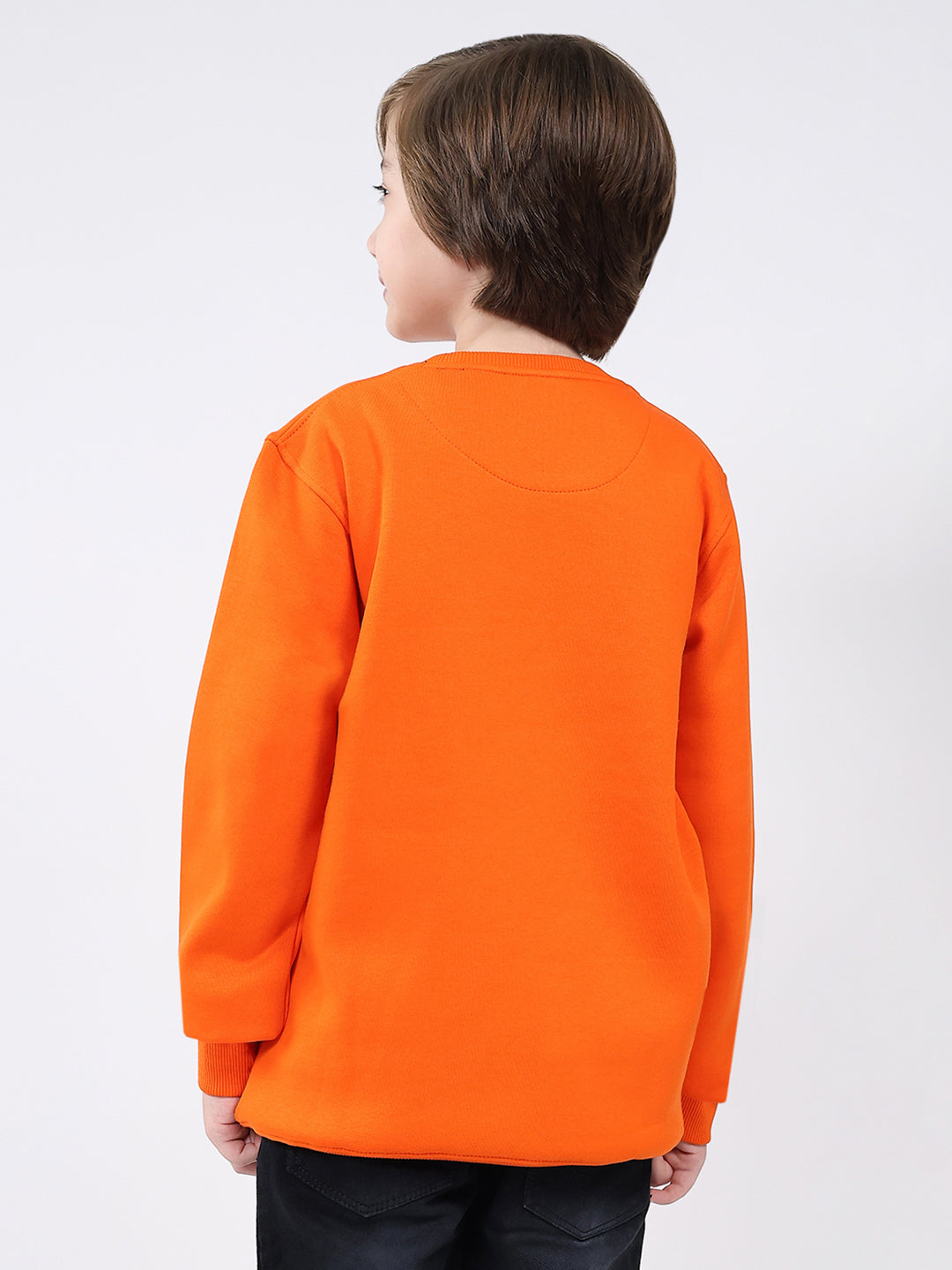 Boys Orange Printed Round Neck Full Sleeve Sweatshirt
