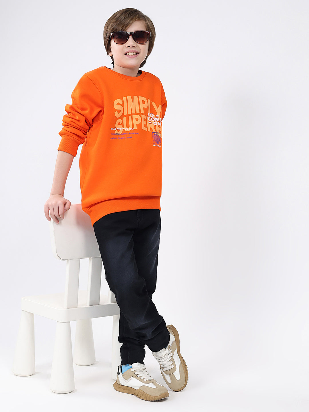 Boys Orange Printed Round Neck Full Sleeve Sweatshirt