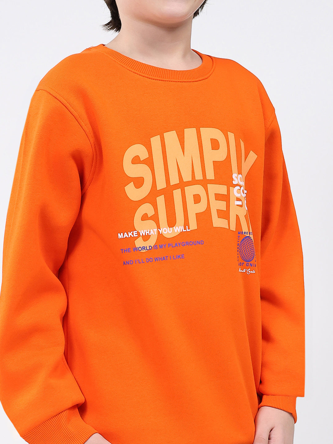 Boys Orange Printed Round Neck Full Sleeve Sweatshirt
