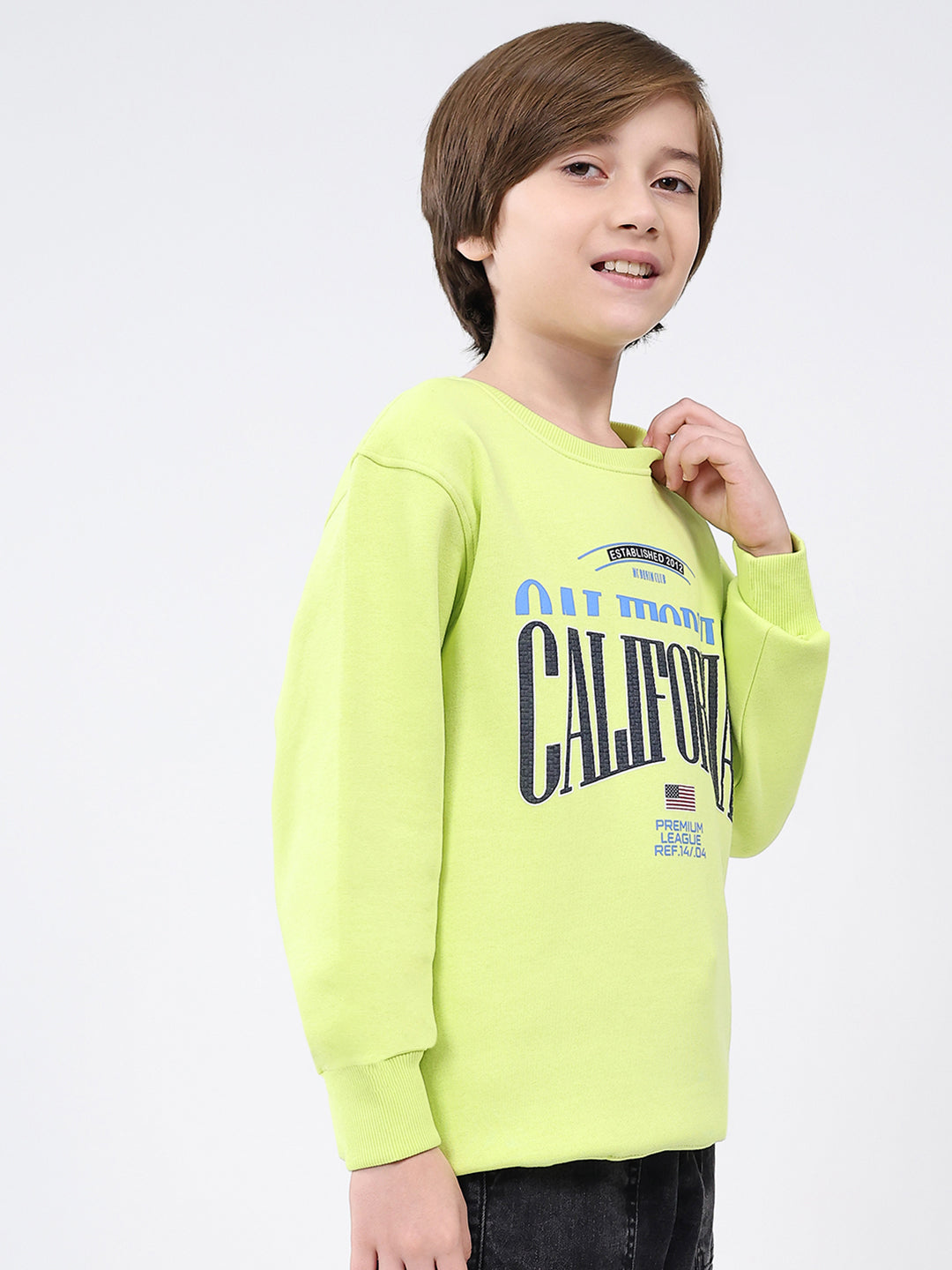 Boys Green Printed Round Neck Full Sleeve Sweatshirt