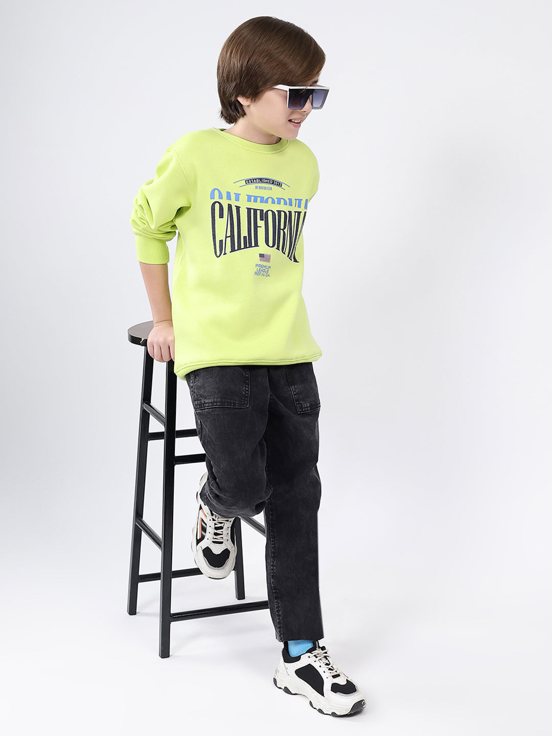 Boys Green Printed Round Neck Full Sleeve Sweatshirt