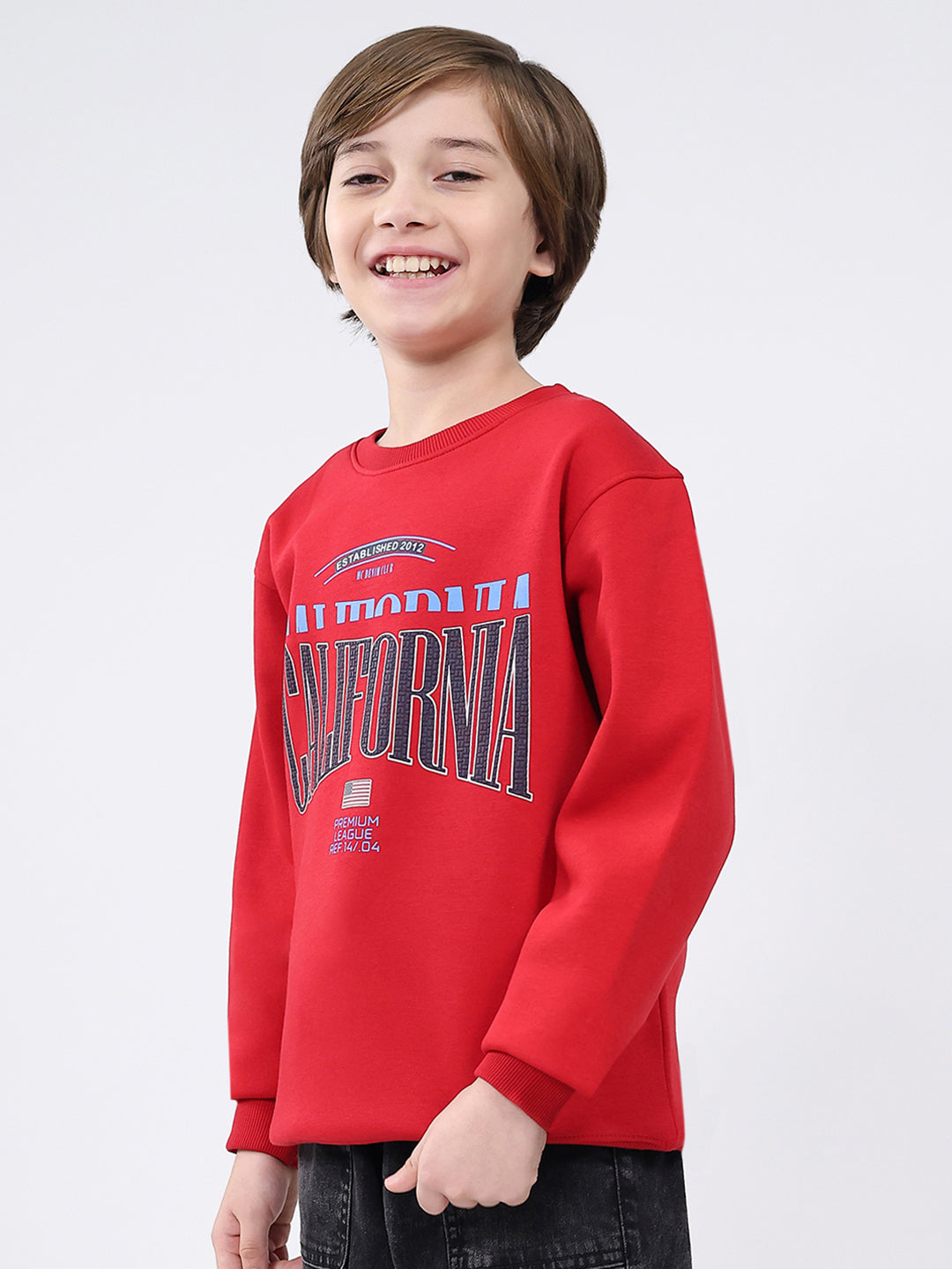 Boys Red Printed Round Neck Full Sleeve Sweatshirt