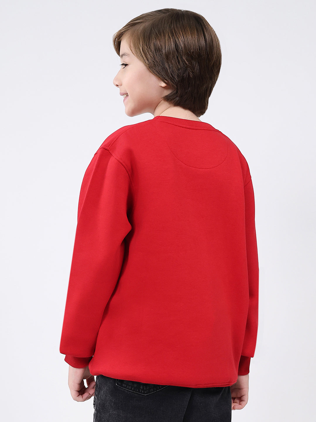 Boys Red Printed Round Neck Full Sleeve Sweatshirt