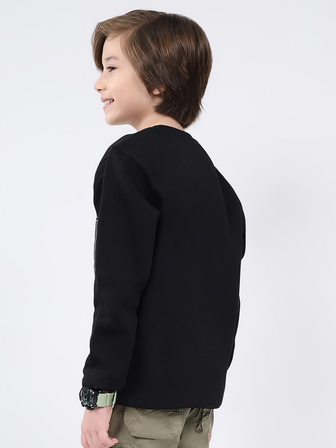 Boys Black Printed Round Neck Full Sleeve Sweatshirt