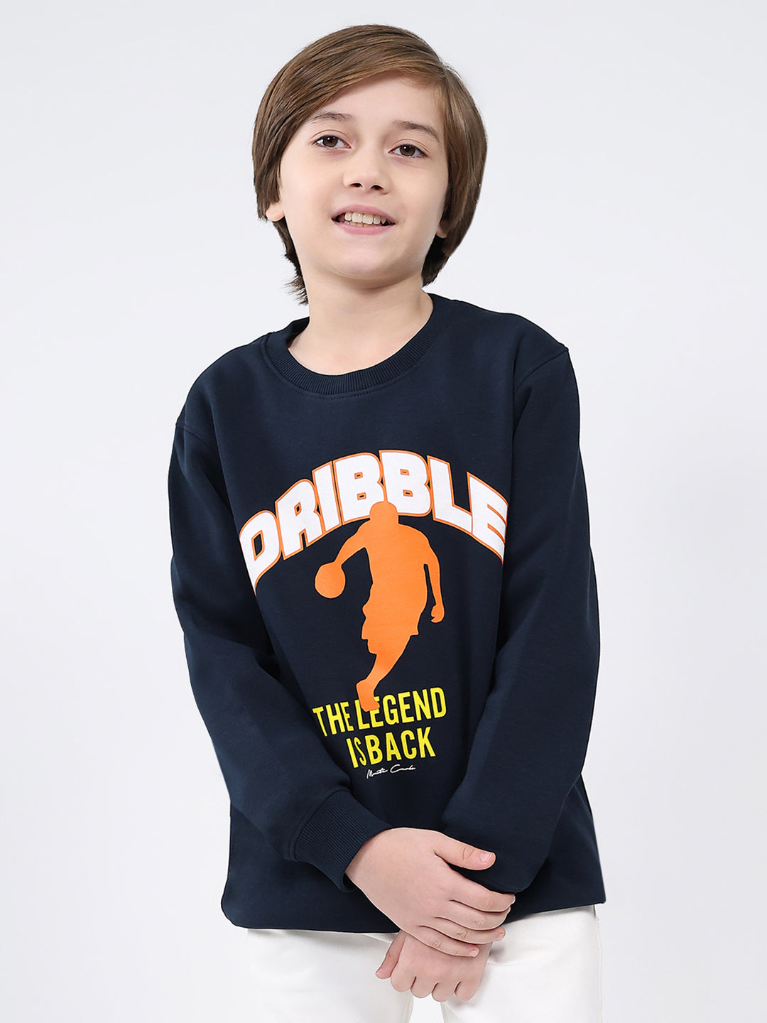 Boys Navy Blue Printed Round Neck Full Sleeve Sweatshirt