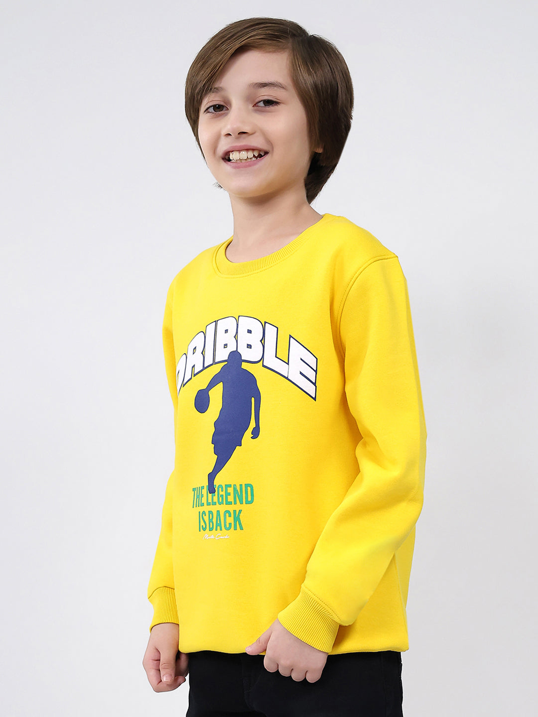 Boys Yellow Printed Round Neck Full Sleeve Sweatshirt