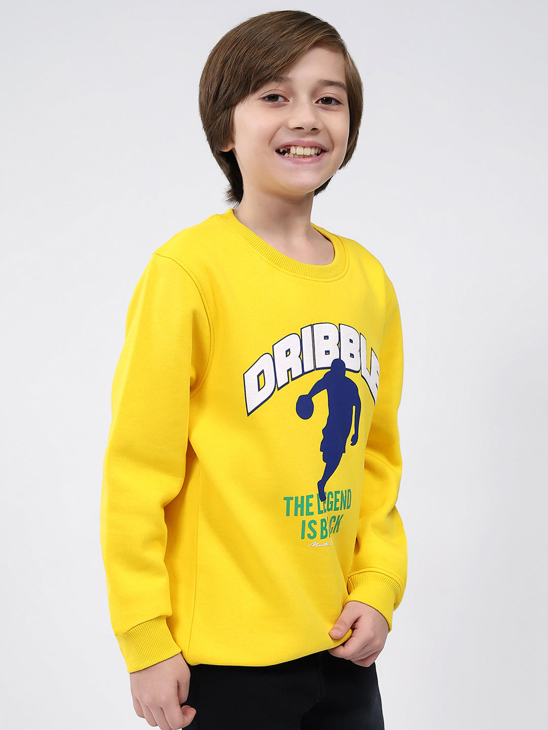 Boys Yellow Printed Round Neck Full Sleeve Sweatshirt
