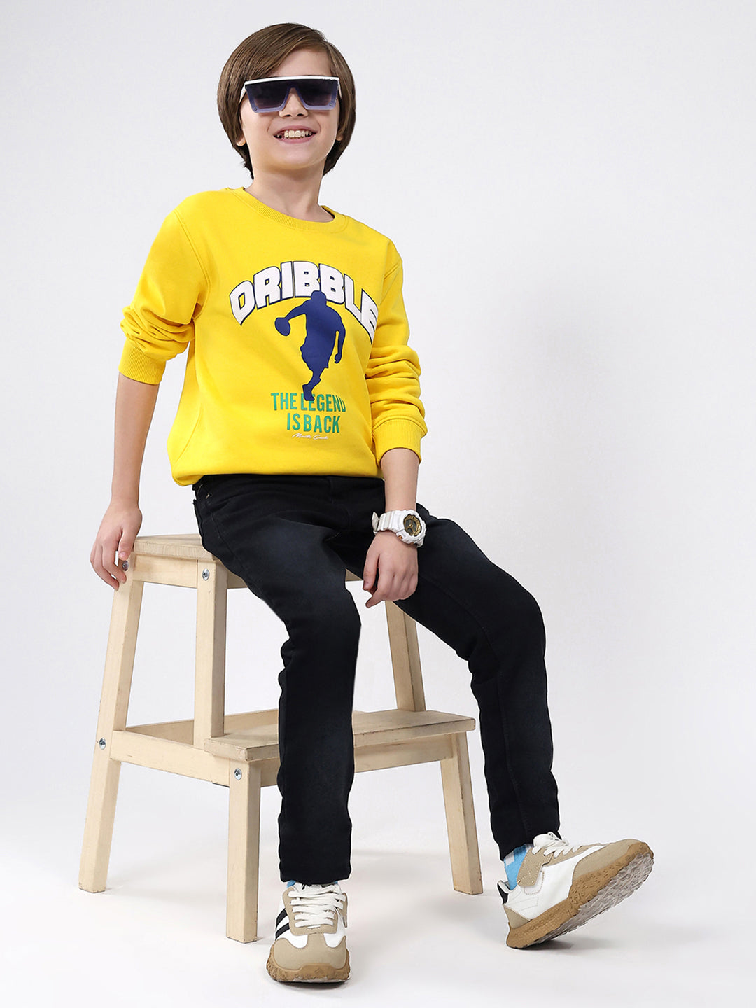 Boys Yellow Printed Round Neck Full Sleeve Sweatshirt