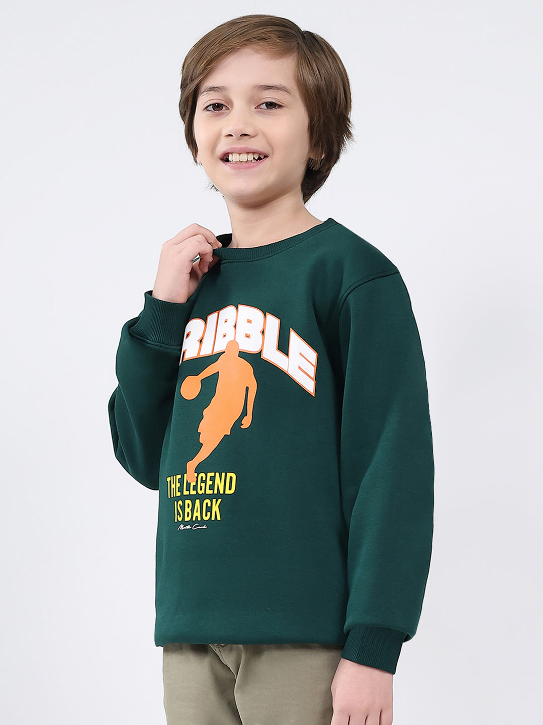 Boys Dark Green Printed Round Neck Full Sleeve Sweatshirt
