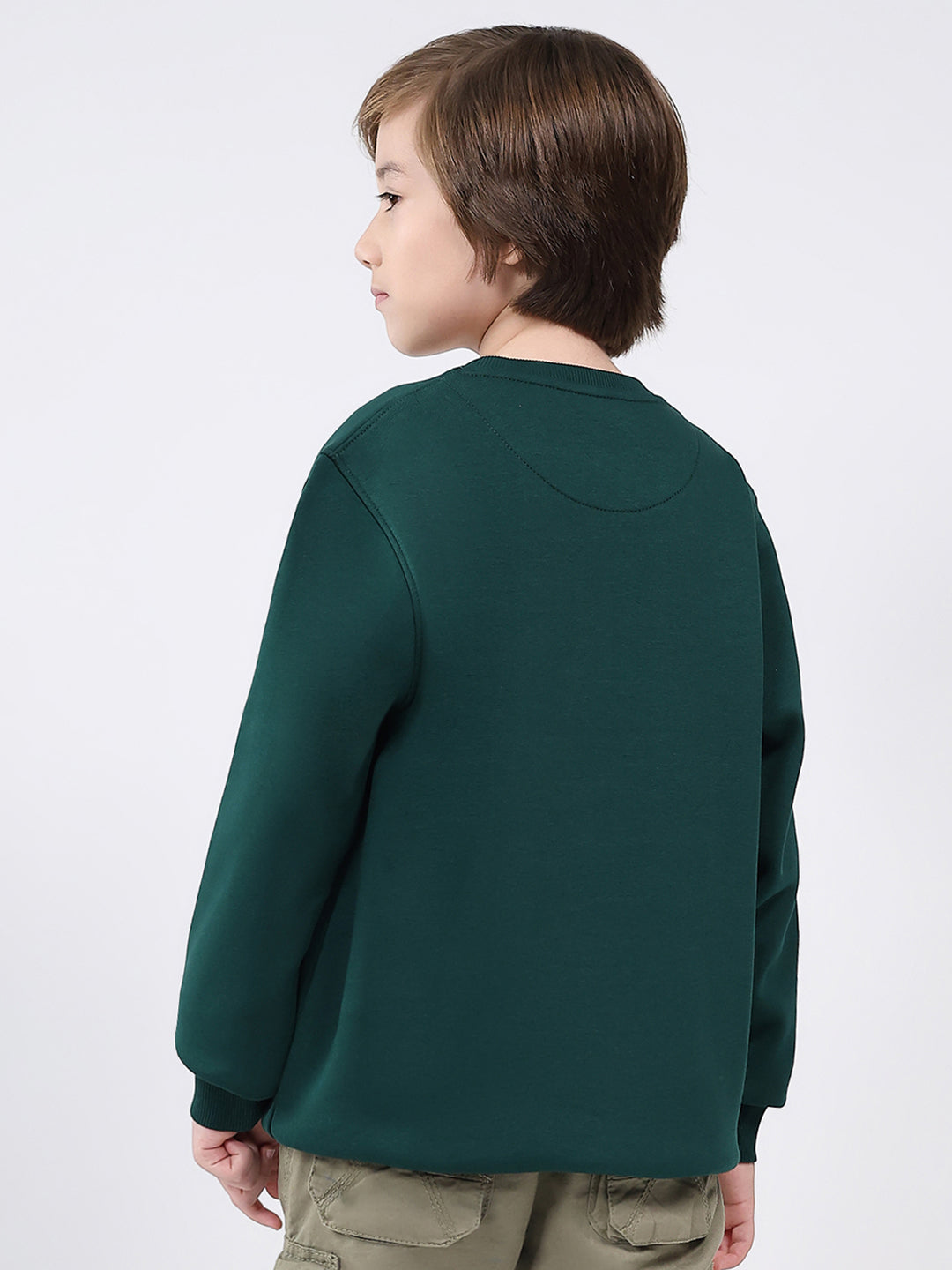Boys Dark Green Printed Round Neck Full Sleeve Sweatshirt