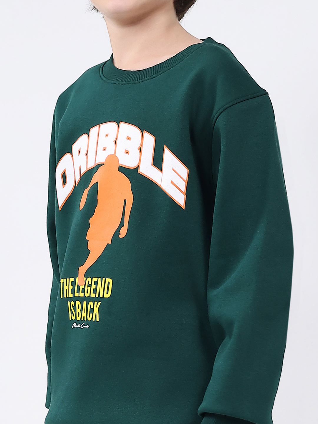 Boys Dark Green Printed Round Neck Full Sleeve Sweatshirt