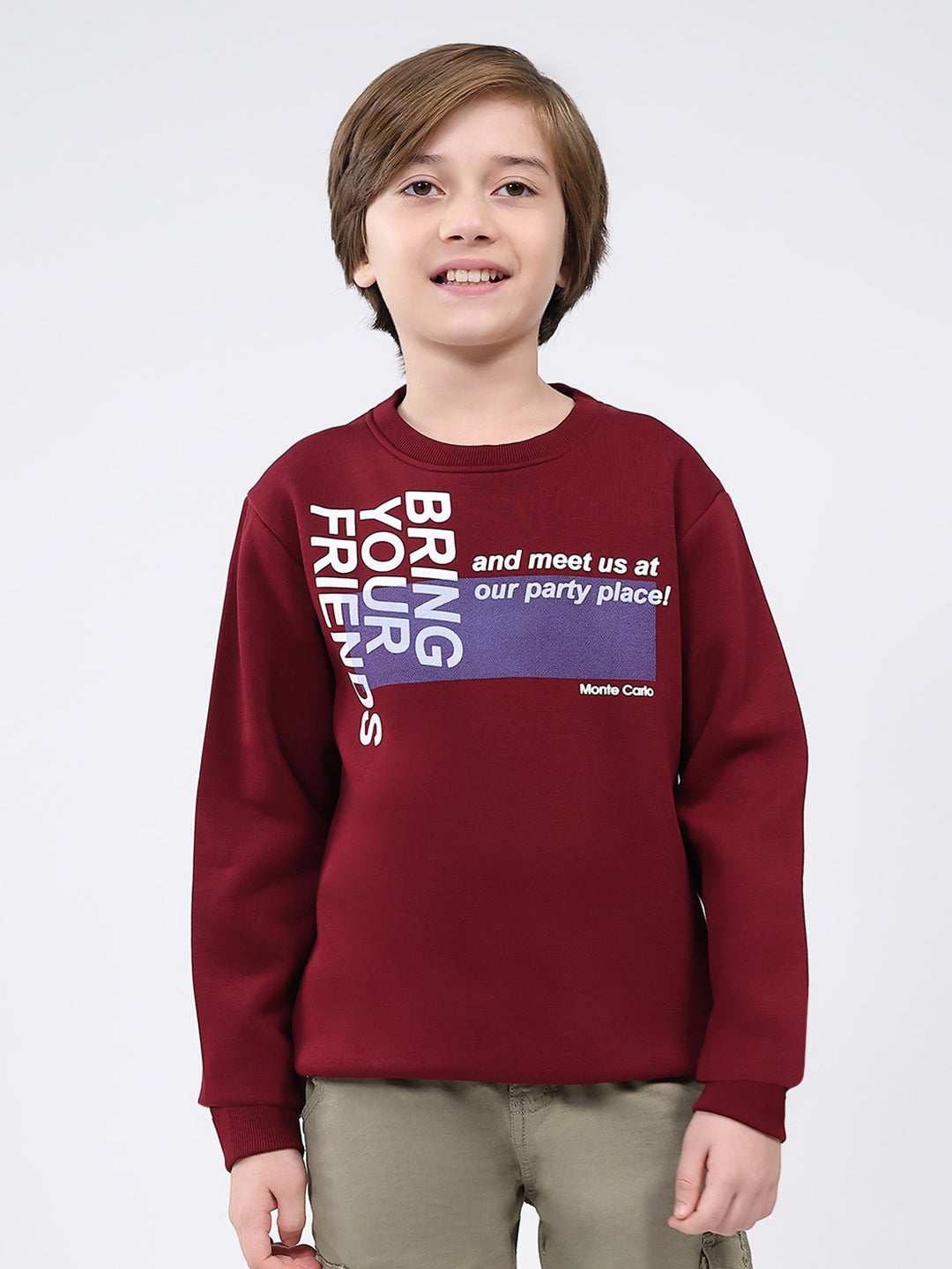 Boys Maroon Printed Round Neck Full Sleeve Sweatshirt