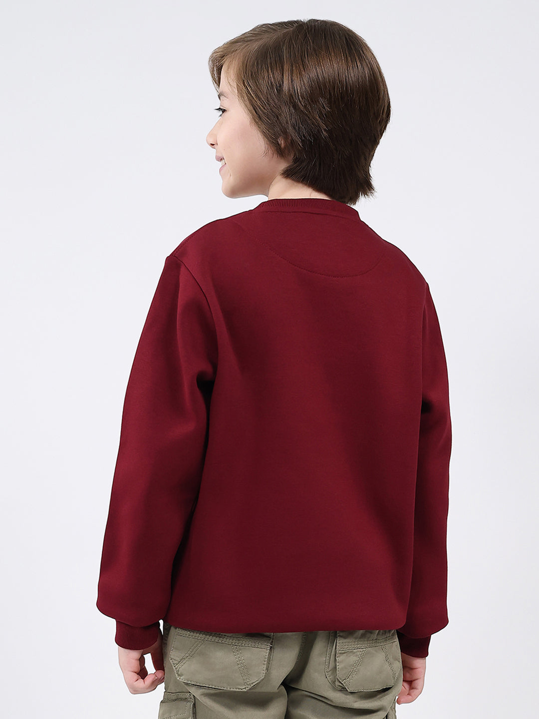 Boys Maroon Printed Round Neck Full Sleeve Sweatshirt