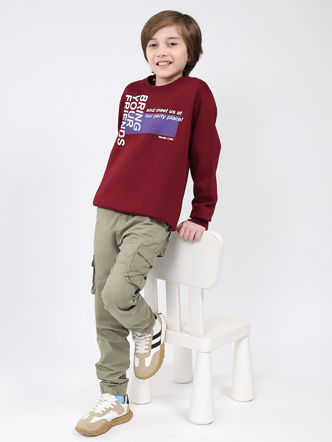 Boys Maroon Printed Round Neck Full Sleeve Sweatshirt