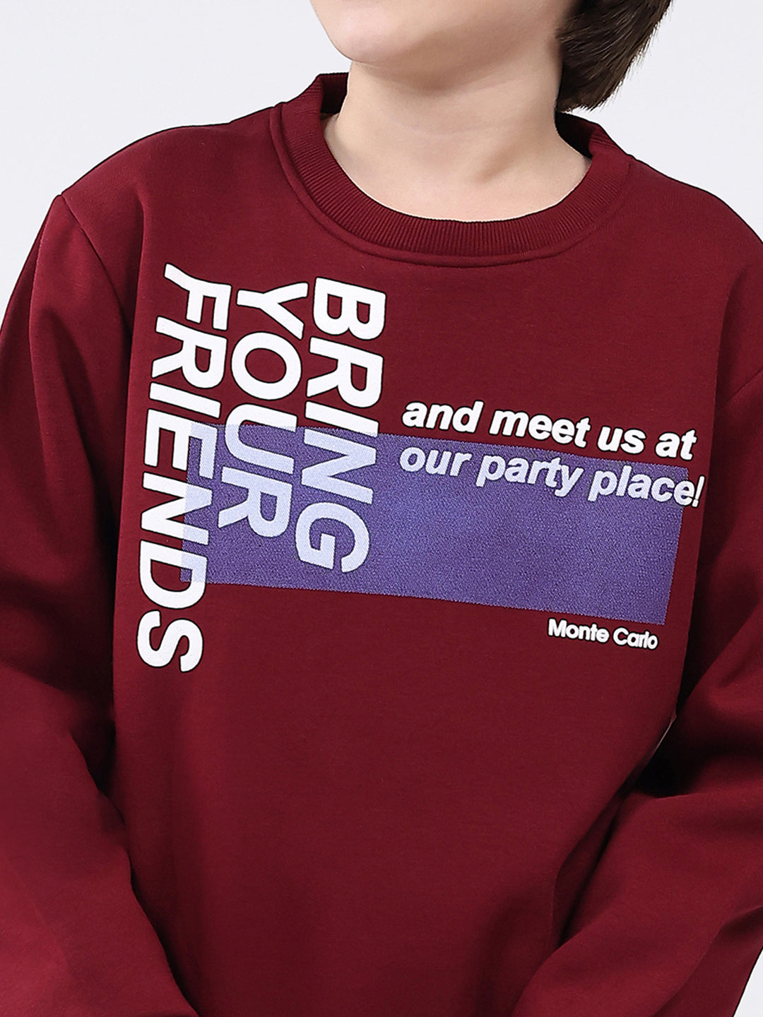 Boys Maroon Printed Round Neck Full Sleeve Sweatshirt