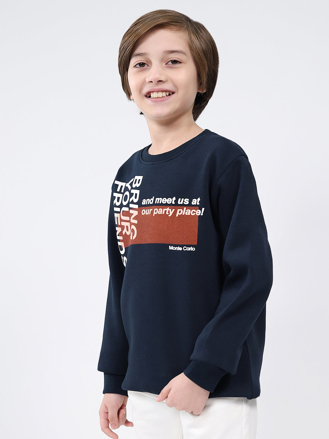 Boys Navy Blue Printed Round Neck Full Sleeve Sweatshirt