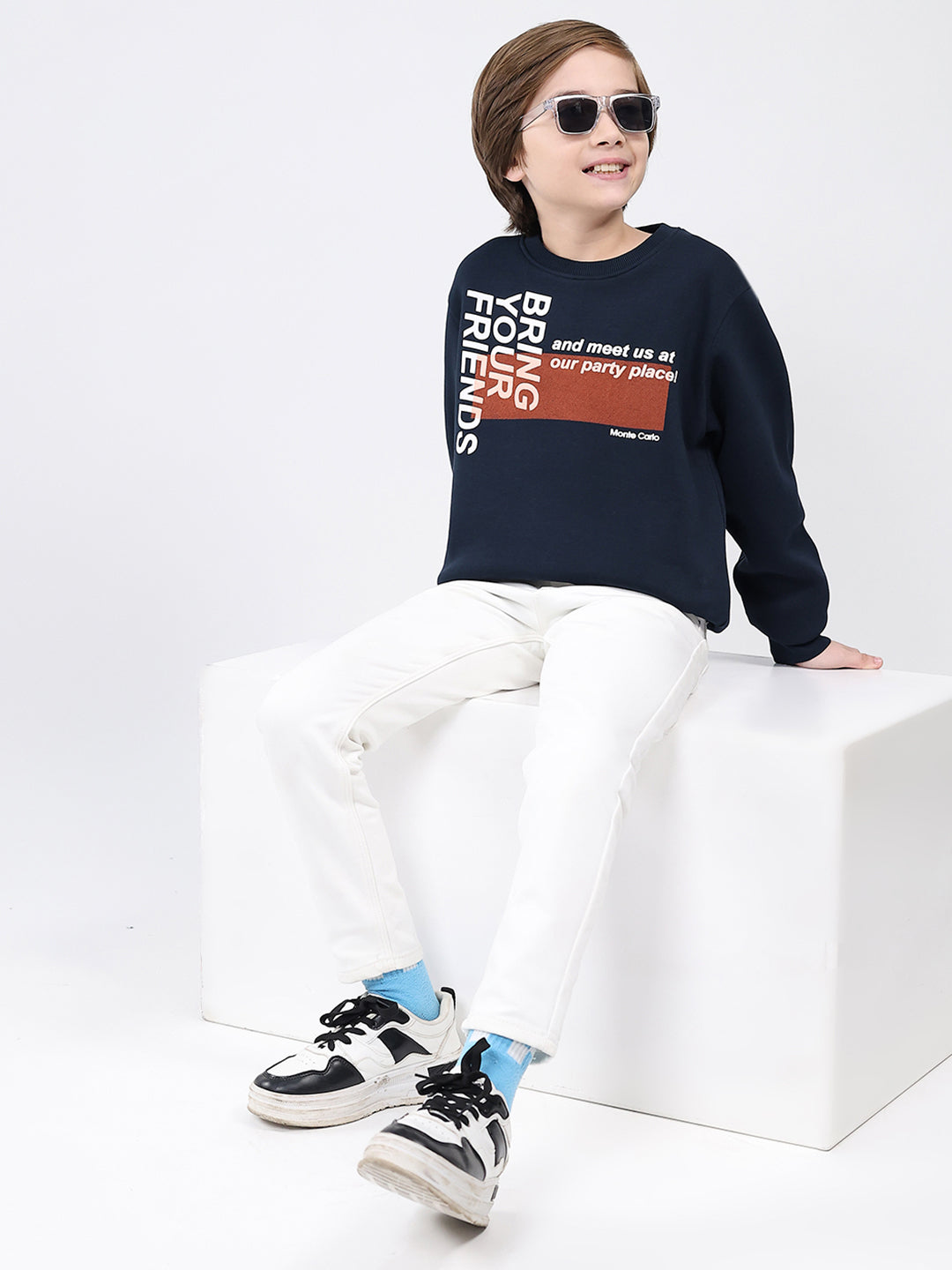 Boys Navy Blue Printed Round Neck Full Sleeve Sweatshirt