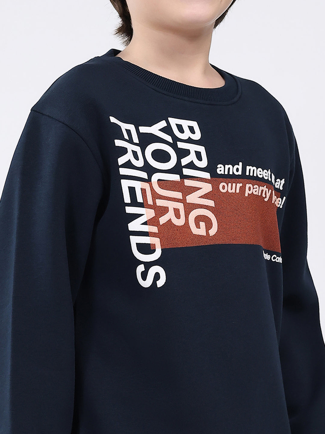 Boys Navy Blue Printed Round Neck Full Sleeve Sweatshirt